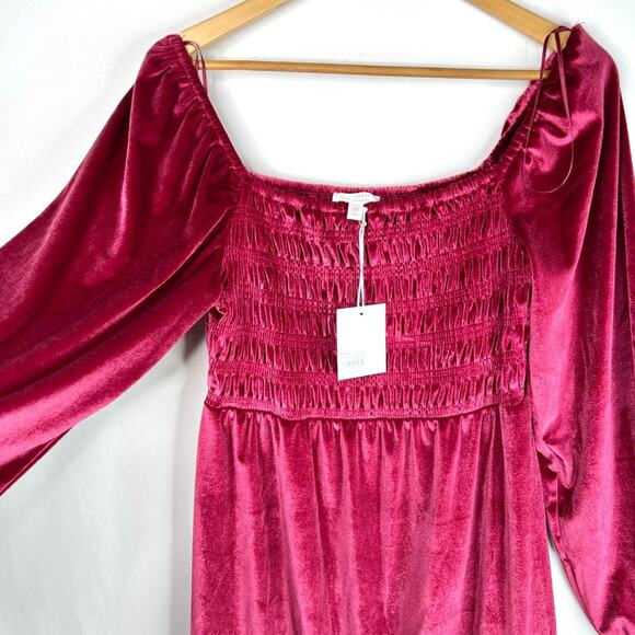 NWT LC Lauren Conrad Wine Chalet Smocked Velvet Dress XS - Picture 6 of 10